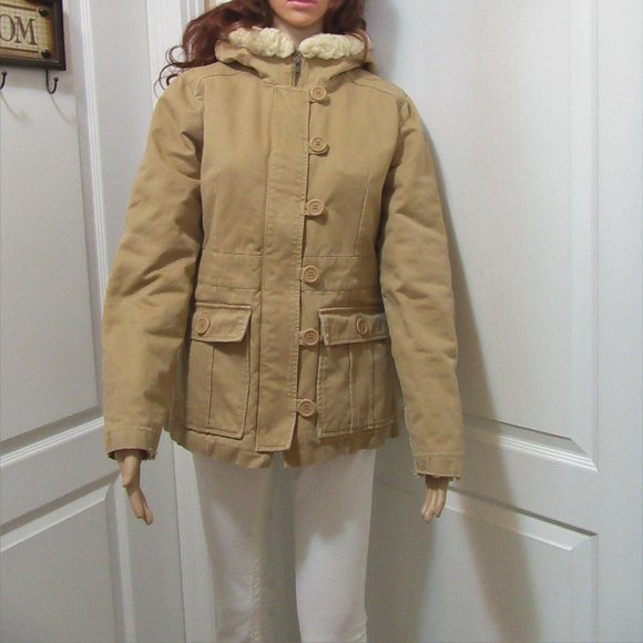 Beige Tan Coat Roxy size Medium - Hood - Picture 1 of 14